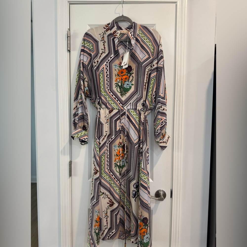 Tory Burch Brown and Cream Long Sleeve Shirt Dress